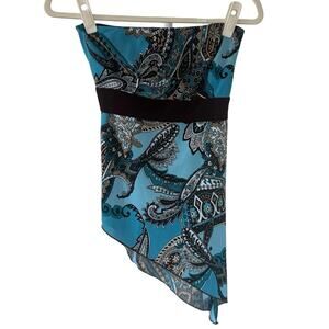 Y2K Trixxi Blue Paisley Asymmetrical Hem Brown Waist Belt Strapless Top - M